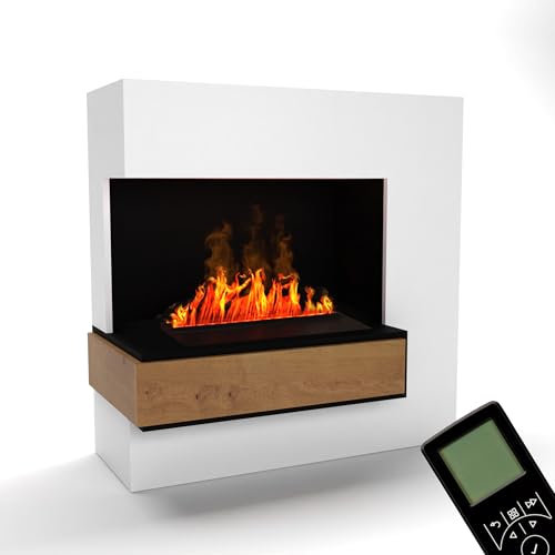 GLOW FIRE Wasserdampf Kamin PLANCK hoch Links (Standkamin) - Elektrokamin mit realistischen LED 3D-Flammen, Knistereffekt & Fernbedienung, 111x110 cm - Opti-Myst 500 Elektro Kamin, Weiß