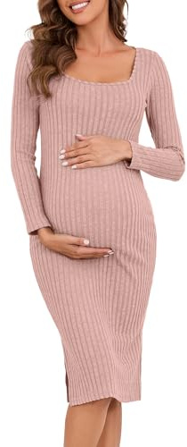 LAHILO Langärmeliges Umstandspulloverkleid für Herbst und Winter, gestrickt, gerippt, figurbetontes Kleid