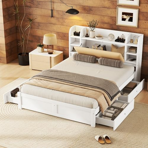 Rtopsu Doppelbett Holzbett 160x200 cm mit Stauraum Kopfteil, Bett mit Stauraum Regale und 4 Schubladen, Stauraumbett Bettgestell mit Bettkasten und Lattenrost aus Holz, Weiß, Ohne Matratze