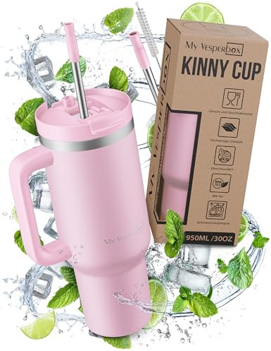 My Vesperbox Kinny Cup – Taza térmica de acero inoxidable con asa y pajita (500/950/1200 ml) – Taza térmica para café, hielo y uso diario – Sin BPA, a prueba de fugas, apto para lavavajillas