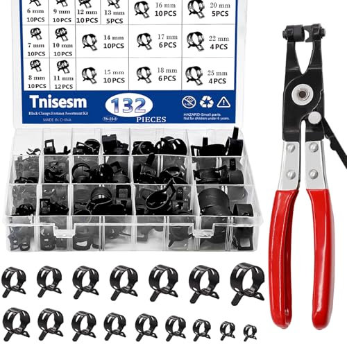 Tnisesm 132Pcs 6-25MM Spring Hose Clamps With Hose Clamp Pliers, Black Small Hose Clamps Automotive Fuel Hose Clamp Silicone Vacuum Hose Pipe Low Pressure Air Clip Clamp