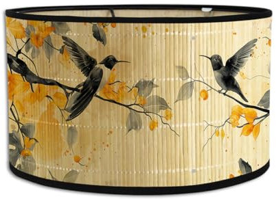 Morbuy Abat-Jour en Bambou, Abat-jour Tambour de 30cm Motif de Fleurs et d'oiseaux Abat-Jour Rechange pour Lampe de Table/Chevet, Suspension, Lampadaire, Décoration d'intérieur (Jaune C)