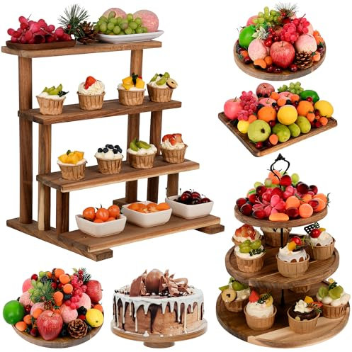 W&H 6 Stück Tortenständer Akazienholz Set, Holz Desserttisch Display Set, 1 Pcs 3 Reifen Cupcake Display steht, Cookies Dessert Display Teller und 5Pcs Dessert Tabletts für Party, Hochzeit, Tea Party