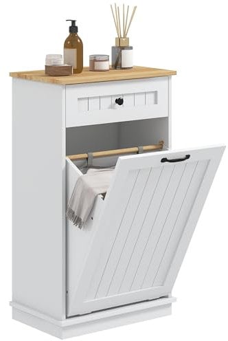 HOMCOM Mobile Bagno con Cesto Portabiancheria e Cassetto, Mobiletto con Porta Biancheria in Legno e Cesto Interno in Tessuto, Bianco