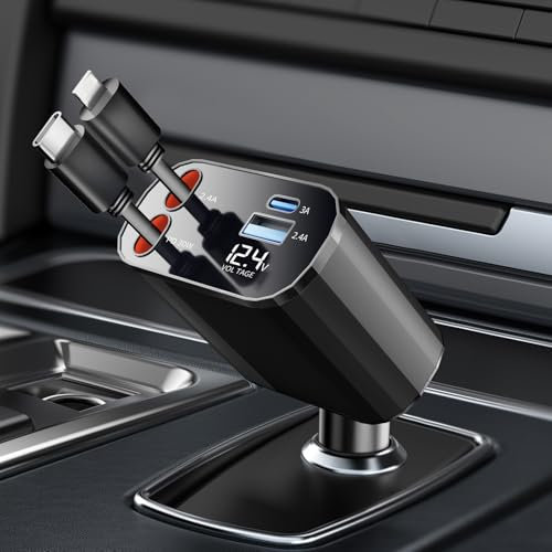 Benoxine 4-in-1 Retractable Car Charger [Certified True 60W USB-C with Cables] Actual Rapid Charging for iPhone 16/15/14/13, Android | No Overrated Power, Genuine Fast Charging | Gift for Men/Women