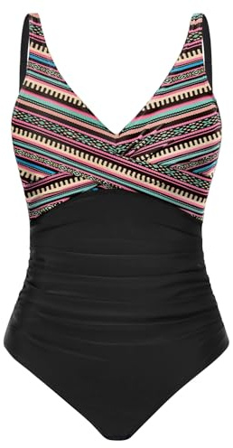 CMTOP Costume Intero Donna Contenitivo Controllo della Pancia Costumi da Bagno, Scollo a V Push Up Costume da Bagno Curvy Monokini Mare Spalline Regolabili Beachwear Swimwear(Strisce Bohémien,L)