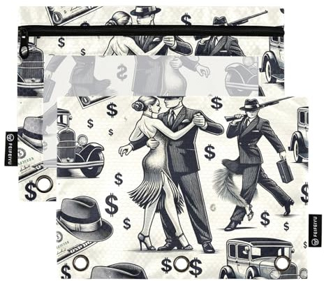 Mnsruu Federmäppchen für 3-Ringbuch, Gangster-Stil, Dollar-Tango, Fedora-Hut, Federmäppchen, Kosmetiktasche mit Reißverschluss, transparentes Fenster, für Büro, Reisen, Kosmetik, 2 Stück,
