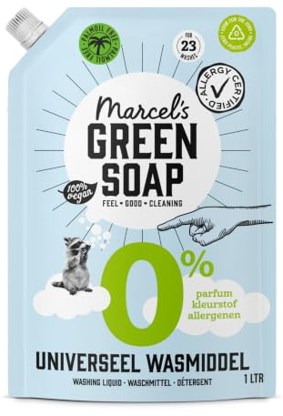 Marcel's Green Soap - Universalwaschmittel Nachfüllbeutel 0% - Nachfüllpackung - Für empfindliche Haut - Ohne Parfüm und Farbstoffe - Weiße und bunte Wäsche - 23 Waschgänge - 1L
