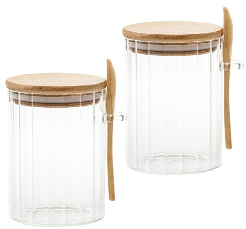 SAFRI Glass Jars with Wooden Lids & Spoons, Food Storage Airtight Container with Spoons for Overnight Oats, Salt Spice Tea Coffee Sugar Organizer Canisters (2 Pack)