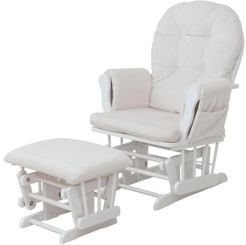 Mendler Relaxsessel HWC-C76 Stoff Cord - Creme Gestell weiß | Schaukelstuhl, Sessel, Schwingstuhl, mit Hocker, Cord (320g/m²)