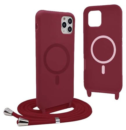 Magnetic Cover for iPhone 11 Pro Max with Lanyard, Compatible with MagSafe, Silicone Case with Adjustable Neck Strap Nylon Chain Necklace – Red