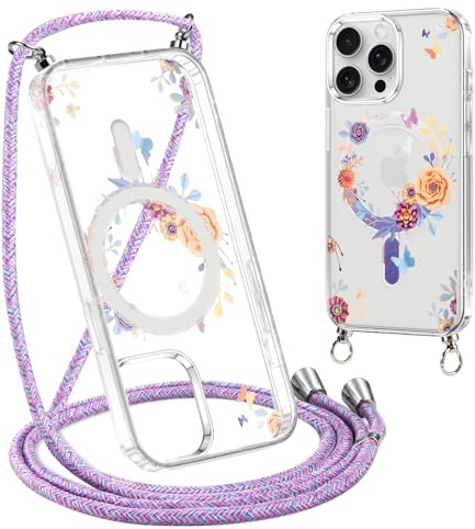 Xylota Funda Magnética con Cuerda para iPhone 14 Pro MAX 6,7'' [Compatible con MagSafe], Transparente Dibujos Carcasa con Ajustable Collar Cordón, Aesthetic Case para iPhone 14 Pro MAX,Flores 01
