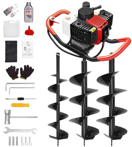 Tarière à Essence 4 Temps, Tarière à Essence avec 3 Forets, Foreuse à Essence pour Poteaux de Clôture, Jardin, Arbres,4/6/8cm