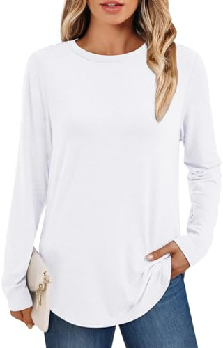 AirMood Women Casual Plain Long Sleeve Tshirts Tunic Tops Crewneck Loose Fit T Shirts (White,M)