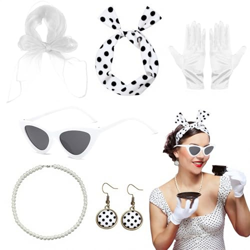 CHUANFU 8 Stück Rockabilly Accessoires Damen, 50er Jahre Damen Kleid Zubehör, 1950s Kostüm Set mit Schal Brille Handschuhe, Kleidung Vintage Zubehör für 1950s Mottoparty Retro Karneval Party