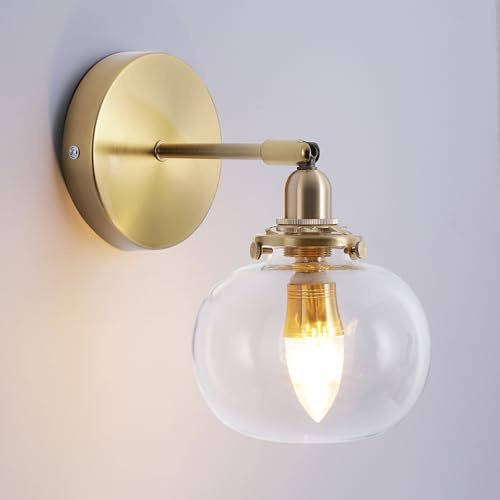 GreeLustr Wandbeleuchte Loft-Wandlampen Gold Vintage Wandlampe mit Schalter, Wandleuchte Innen E27 Nachttischlampe Wand Drehbare für Schlafzimmer Flur Wohnzimmer, Runde Kugel Klares Glas 13cm
