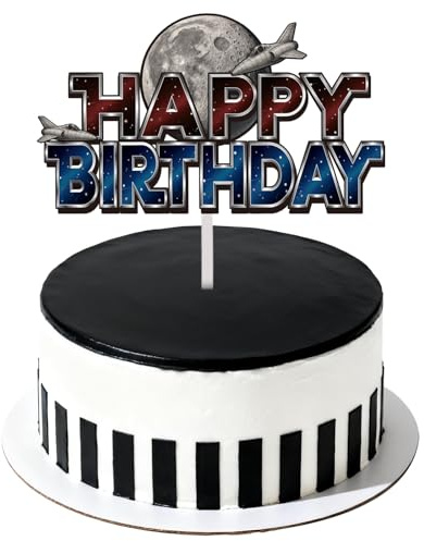 Space Happy Birthday Kuchen Topper, Schwarzer Cartoon Mond und Galaxy Thema Kuchen Dekoration Mit Stick und Klebepunkten Party Kuchens Dekor für Jungen Mädchen