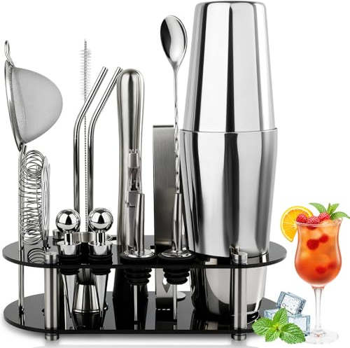 FoiiLiio 16 Piezas Juego de Boston Cocktail Shaker INOX,Coctelera Profesional 750 mL,Juego de cocteleras Esenciales para Fiestas,Profesional Barman Herramientas,Profesional Coctelera para Cocteles