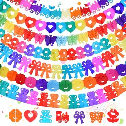 Bunt Girlande Papier Deko, 7 Stück Hängende Papiergirlanden, Girlande Geburtstag, Geburtstagsgirlande Partygirlanden Deko für Geburtstag, Hochzeit, Karneval und Fasching Party Dekoration Set