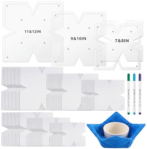 Teenyyou 42 Pcs Bowl Cozy Template Set 3 Pcs 7-12 Inch Acrylic Bowl Wrap Sewing Pattern Templates 36 Cozy Pre Cut Batting with 3 Water Soluble Pen for Sewing DIY, Microwave Safe (Four-Petal Style)