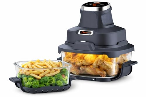 Smart Kitchen Glas-Heißluftfritteuse 4-in-1 – Air Fryer für Backen, Recrisp & Max Crisp – 4 L + 1,5 L Turbo tower pro Glasbehälter – Kompakt & Tragbar – Schwarz