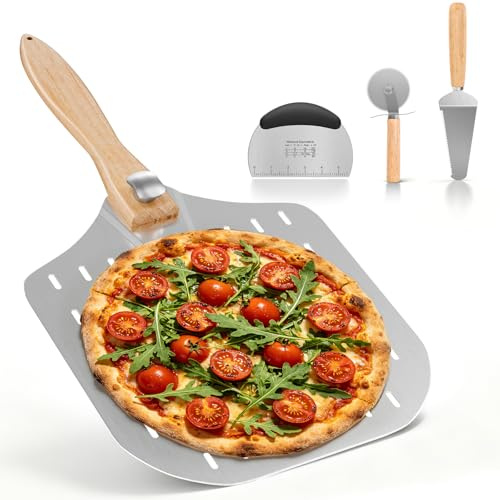 Pizza Paddle Set, 12 inch Pizza Peel Perforated with Foldable Handle | Dough Scraper with Measuring Scale, Pizza Wheel & Slice Server, 4-Piece Pizza Oven Accessories Kit for Home Pizza Makers