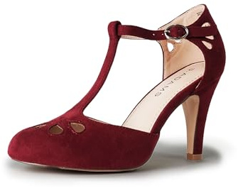 J. Adams Pepper Mary Janes - Vintage Cutout Low Kitten Heels Retro T Strap Pumps, Burgundy Vegan Suede, 11