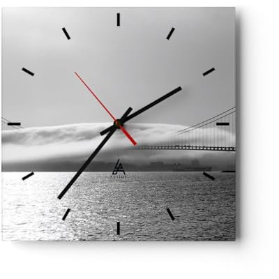 Modern Wanduhr Usa goldenes Tor brücke 40x40cm Quadrat Groß Wand Uhr Glas Analog Zimmeruhren Küche Büro Wohnzimmer Glasuhr Wall Clock Dekoration Design Wanddekoration Küchenuhr C3AC40x40-1470