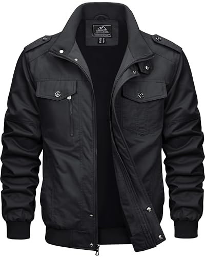 MAGCOMSEN Blouson Militaire Cargo pour Hommes Léger Coupe-vent en Coton avec Col Rabattu Zippe et Multipoches Black 2XL