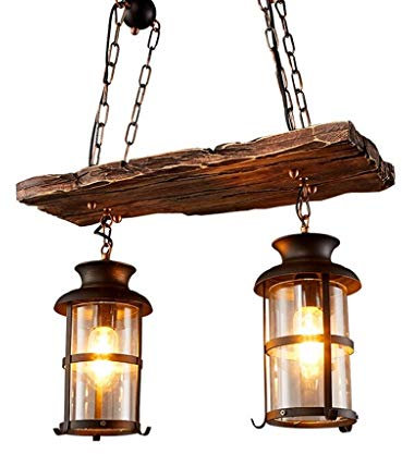 JOJOM Vintage Industrial Holz Pendelleuchte, 2-Kopf Kronleuchter im Retro Rustikal Stil, Edison Deckenleuchte Linear mit 2 Lichtern