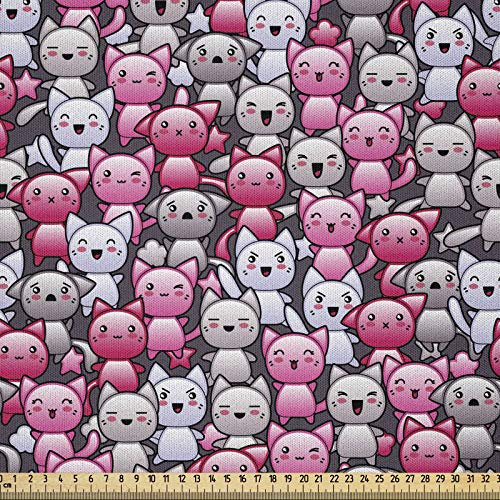 ABAKUHAUS Katze Stoff als Meterware, Kawaii Doodle Humor, Microfaser Stoff für Dekoratives Basteln, 1M (230x100cm), Lila Rosa Tan