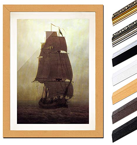 Bild mit Rahmen - Caspar David Friedrich Segelschiff 40x60 cm ca. A2 - Gerahmter Kunstdruck inkl. Galerie Passepartout Alte Meister - Rahmen buche