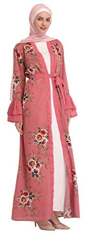 Lazzboy Moslemischer Sommer-heißer Rilling-Spitze-schwarz-Spitze Gestickte Damen Kleider Muslim Islamische Retro Trompete ärmel Stickerei Swing Kleid Abaya Robe Sommerkleid(Rot,2XL)