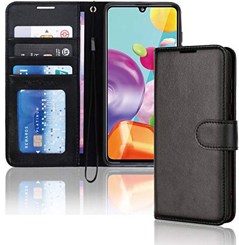 TECHGEAR Leder Hülle Galaxy A41, PU Leder Flip Case Schutzhülle Ledertasche [Brieftasche] Handyhülle mit Ständer und Handschlaufe Beutel kompatibel mit Samsung Galaxy A41 - Schwarz