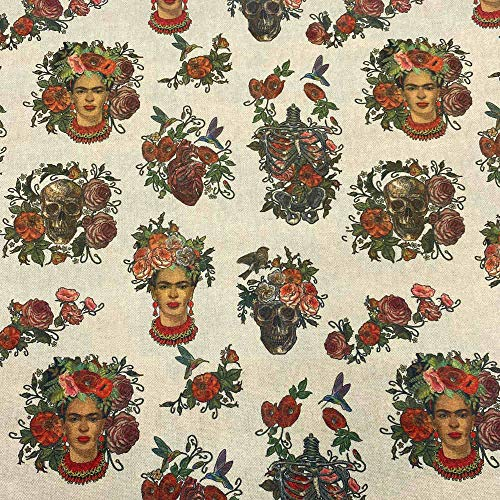 Kt KILOtela - Digitaler bedruckter Canvas-Stoff - Halbpanama aus 100 % Baumwolle - Patchwork 100 cm Länge x 140 cm Breite, Frida, Totenköpfe - Mehrfarbig - 1 Meter