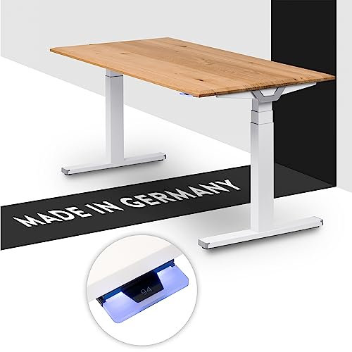 boho office® Höhenverstellbarer Schreibtisch 140 x 80 cm - Made in Germany, Elektrisch, 2 Motoren, 3-Fach Teleskop, Kollisionsschutz - Premium Line Weiß inkl. Tischplatte in Wildeiche massiv