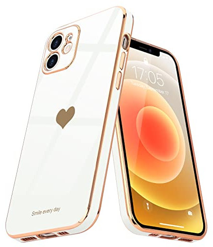 Teageo Kompatibel mit iPhone 12 Hülle, Süße Herzmuster Mädchen Handyhülle Luxuriös Galvanisierte Weich TPU Kameraschutz Kratzfest Stoßfest Schutzhülle Bumper Phone Case für iPhone 12, Weiß