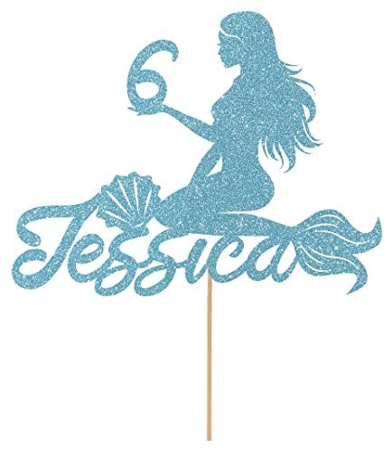 Personalised Birthday Mermaid Glitter Cake Topper- Light Blue Any Custom Age & Name Glitter Cake Decoration and Sprinkles - Happy Birthday Decorations - Personalised Toppers for Cakes by Cakeshop