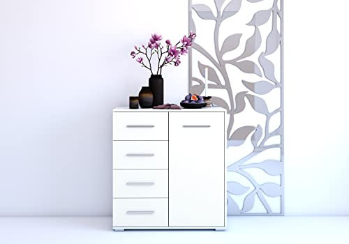 Fabryka Mebli Idźczak Schiebetürenschrank Frida 01 1D4S eleganter Kommode Schubladkasten Kommode mit Schubladen - Schlafzimmer Schiebetüren Schränkchen Stauraum Modern Design (Weiß/Weiß)