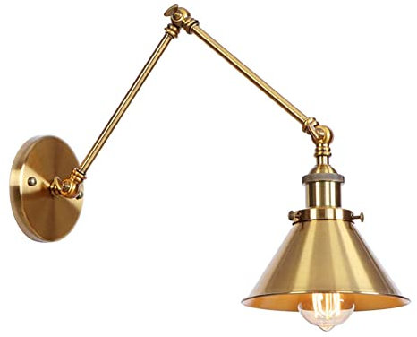Wall Light Indoor LED 4W 3000K Warm White Adjustable Swing Long Arm Metal Wall Lamp Retro Vintage Industrial Lightshade Wall Sconce, for Living Room Bedroom Hallway Corridor Stairs Hall, Gold, E27