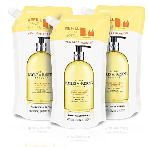 Baylis & Harding Sweet Mandarin & Grapefruit Hand Wash 1 Litre Refill Pouch (Pack of 3) - Vegan Friendly