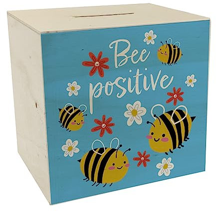 Bee Positive Spardose aus Holz mit süßen Bienen als lustige Geschenkidee für Kinder und Freunde die Geld sparen möchten