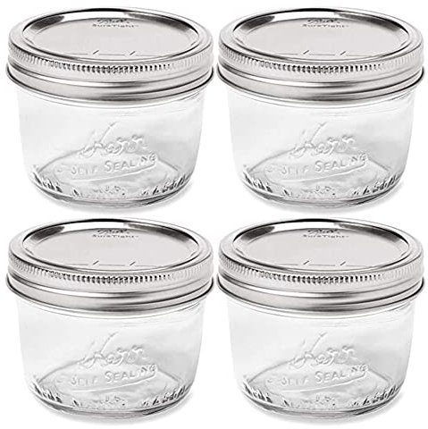 Wide Mouth Mason Jar 8 oz - (4 Pack) - Kerr Wide Mouth Mason Jars With Airtight lids and Bands - For Canning, Fermenting, Pickling, Freezing - Glass jar, Microwave & Dishwasher Safe, Clear