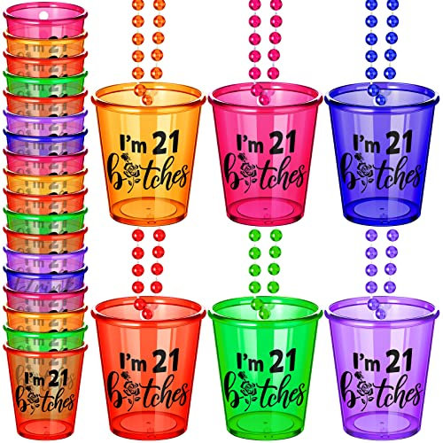 Yinkin 12 Pack Shot Glass Necklace Birthday Decorations Finally 21st Birthday Shot Glass on Beaded Legal Plastic Necklace for Party Supplies 6 Colors(I Am)