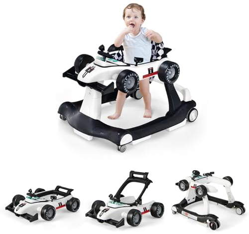 GOPLUS Trotteur Bébé Garçon Fille, Trotteur Bebe Évolutif 4 en 1 avec 3 Hauteur Réglable, Trotteur Bebe Marche Pliable avec Musique et Lumière, Charge 12KG, pour 6-18 Mois (Blanc)