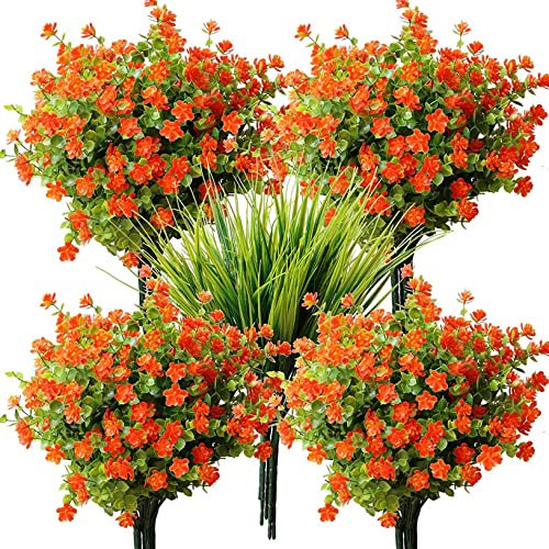 YXYQR 14 Bundles Autumn Artificial Fall Fake Orange Flowers Grass Arrangement, UV Resistant, Faux Plastic Greenery Plants Outside Shrubs for Home Window Box Porch Garden Pot Patio