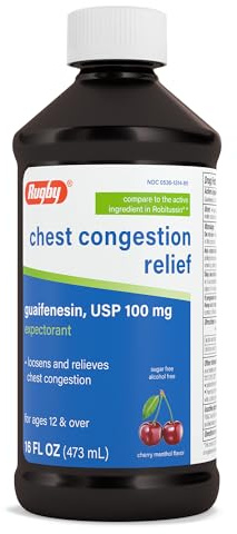 Rugby Chest Congestion Relief Expectorant, Guaifenesin USP 100 mg, Alcohol-Free Cherry Menthol Cough Syrup, 16 fl oz (1 Pack)