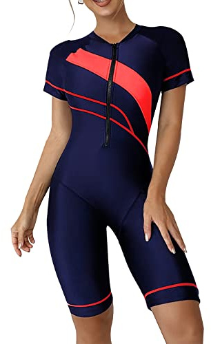 Ecupper Maillot de Bain Femme 1 Pieces Manches Courtes Rash Guard Contrôle du Ventre Rembourré Rouge XL