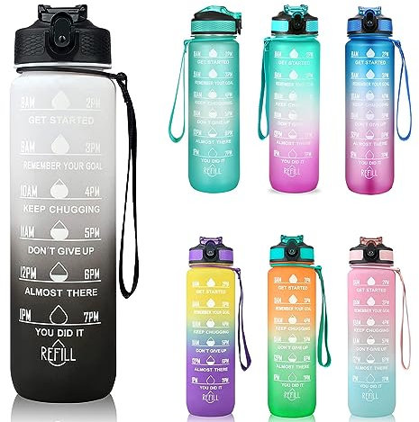 1 Litre Gourde Sport, Bouteille d'eau Avec Paille, Bouteille d'Eau Motivante avec Marquages de Temps pour Sport, Gym, Bureau, Course à pied, Sans BPA (Noir + Blanc)