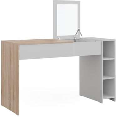 Vicco tavolo da toeletta Kira, Bianco/Sonoma, 129.6 cm con specchio a scomparsa